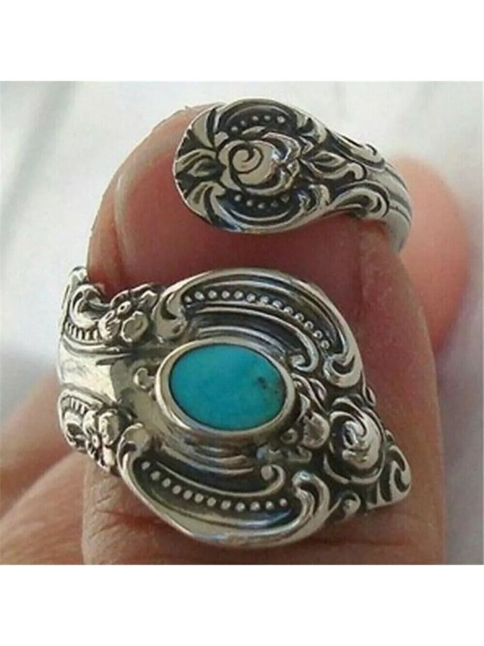 Boho Rose and Flowers with Faux Turquoise Adjustable Spoon Ring #1221 - Picture 12 of 16